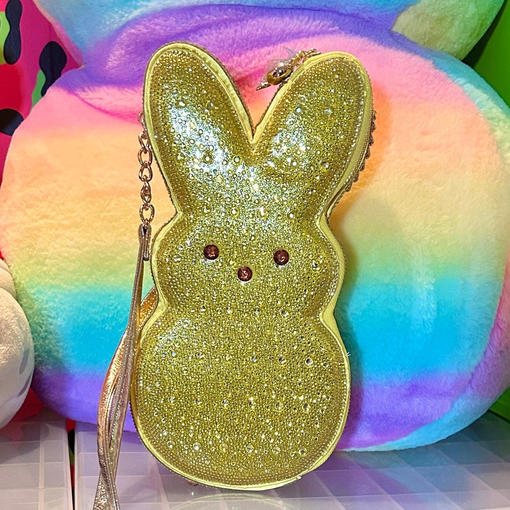 Betsey Johnson Kitsch Peeps Yellow Rhinestone Bunny Rabbit Easter Crossbody Bag